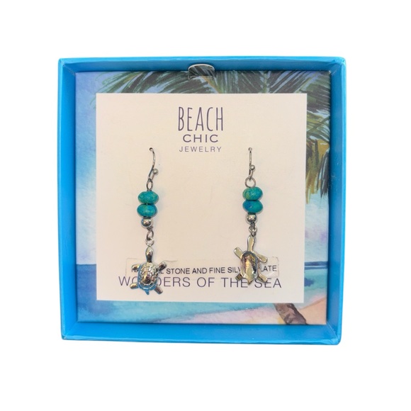 BEACH CHIC HANDMADE JEWELRY Turtle&Turquoise Sterling Silver Plated Earrings NIB - Picture 5 of 7